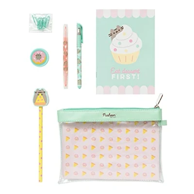 Image of Grupo Erik Pusheen Stationery Set Pencil Case with Pen, Highlighter, Eraser Topper, Paper Clips, Sharpener, Notebook Gifts Cat