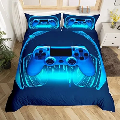 Image of Games Comforter Cover Double NavyBlue Headphones Musical Notes Gamepad Bedding Set for Kids Teen Boys&amp;girls Video Game Room Decor Cool Retro Gamer Duvet Gaming Controller Quilt Pillowcases