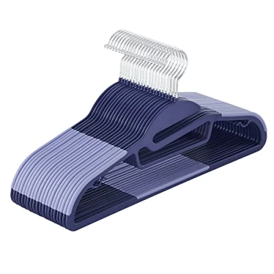 Image of SONGMICS Set of 20 Plastic Hangers, Coat Hangers with U Shaped Opening, Non Slip, Space Saving, 0.5 cm Thick, 41.5 Long, 360 Swivel Hook, Dark Blue Ash and Light CRP041C02