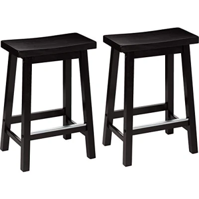 Image of Amazon Basics Solid Wood Saddle Seat Kitchen Counter Height Stool, Set of 2, Black, 61 cm