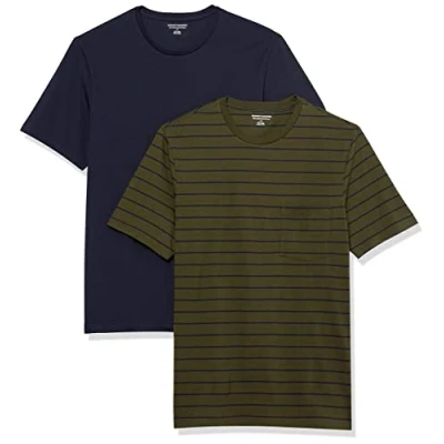 Image of Amazon Essentials Men&#039;s T Shirt Slim Fit Short Sleeved Crewneck Pocket, Pack of 2, Navy/Olive/Stripes, S