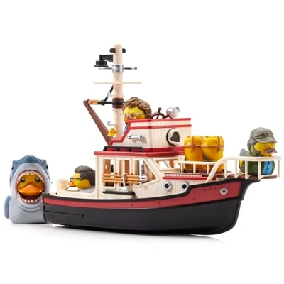Image of TUBBZ Jaws Floating Orca Boat Model Collectible Bundle Bath Playset Includes Bruce The Shark and Mini Quint, Hooper, Brody Duck Figures