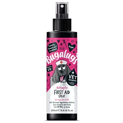 Image of BUGALUGS First Aid Pet Antiseptic spray for dogs, puppy &amp; cats 200ml Antibacterial, Antiviral, Antifungal cuts, wounds itchy skin
