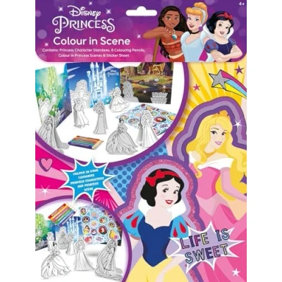Image of Disney Princess Colour In Scene Colouring Set Pencils Standees Stickers Cut Out Activity Kids Age 3+