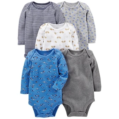 Image of Simple Joys by Carter&#039;s Baby Long Sleeve Bodysuit Pack of 5, Blue/Grey/White, 0 3 Months