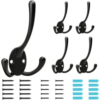 Image of BIGLUFU Coat Hooks Heavy Duty,5Pcs Three Prongs Black Hook Wall Mounted,with 20 Screws(Two Types of Screws Included),for Hanging Coat,Hat,Towel,Scarf,Bag,Key