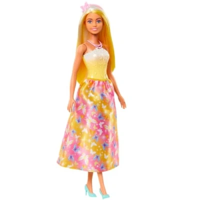 Image of Barbie Royal Doll with Brightly Highlighted Fantasy Hair, Colorful Accessories, Yellow Ombre Bodice and Butterfly Print Skirt, HRR09