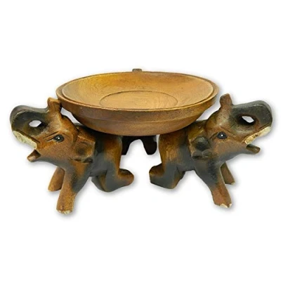 Image of Thai Gifts Wooden Elephant Tray Carving Hand Carved Table Bowl Plant Stand Size: H10cm x W20cm D15cm