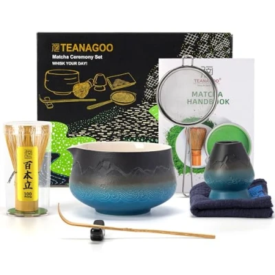 Image of TEANAGOO Japanese Matcha Whisk (7pcs) Set Mtacha Kit Bowl with Pouring Spout Bamboo (Chasen) Scoop (chashaku) Holder.N33,Gradient Navy Black…