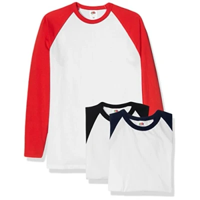 Image of Fruit of the Loom Men&#039;s Baseball Classic Long Sleeve T Shirt Pack 3, White Black/White Navy/White Red, XX Large