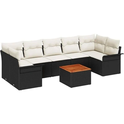 Image of vidaXL 8 Piece Garden Sofa Set with Cushions Black Poly Rattan Acacia