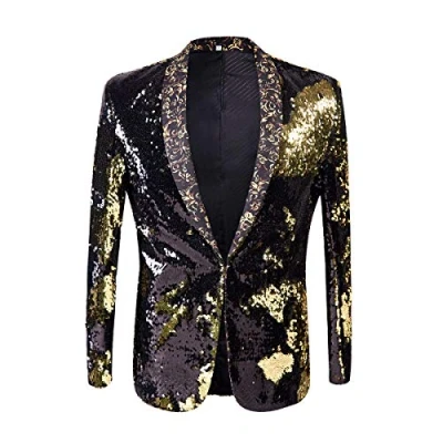 Image of PYJTRL Men Stylish Two Color Conversion Shiny Sequins Blazer Suit Jacket (Black + Gold, X Large/44 UK Regular)