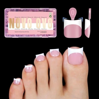Image of Short Toe Nail Tips White French Tip Press on with Moon Curve, BERRY PINK Thick Sharp Square Toenail Extension, Soft Gel False Kit, Need Builder Top Coat, No Glue Included x15 Sizes 240 pcs