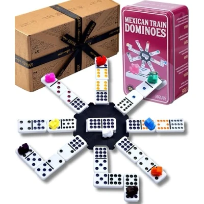 Image of Jaques of London Mexican Train Dominoes Game Set for Children &amp; Adults Family Games in a Tin Box Since 1795…