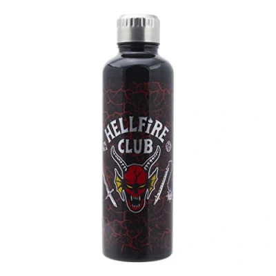 Image of Paladone Stranger Things Hellfire Club Metal Water Bottle Horror Movie Merchandise Stainless Steel Waterbottle with Lid 500ml 16 fl oz, Black/Multicolor