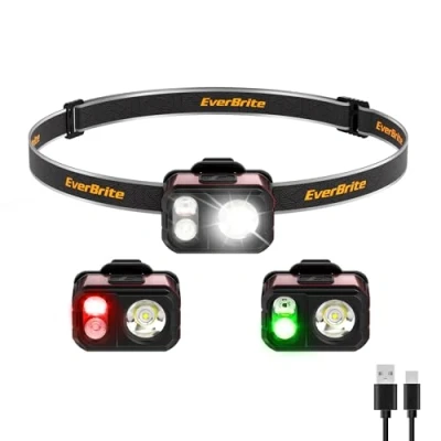 Image of EverBrite Rechargeable Head Torch, 7 Lighting Modes Lightweight LED Headlamp, Adjustable Strap, 400 Lumen Waterproof Headlight for Running, Camping, Fishing, Purple