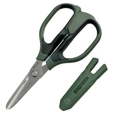 Image of Versatile Scissors with Integral Finger Guard cuts Kevlar Fibre, Leather Belts, Mains Cable,Copper Braid, coaxial Cable, Rope &amp; More. Made in Japan. ENGINEER ph 57, Green