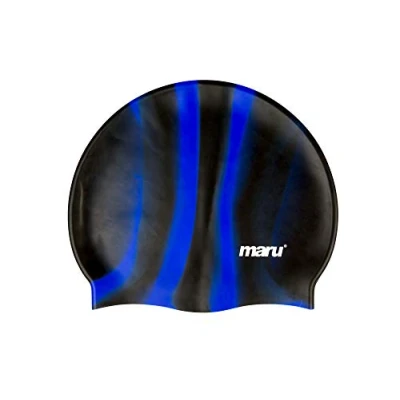 Image of MARU Swimming Hat, 100% Silicone Swim Cap, Unisex Adult Lightweight Caps for Men and Women, Comfortable Durable Hats Designed in the UK (Blue/Black, One Size)