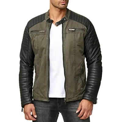 Image of RED BRIDGE Men&#039;s Jacket Slim Fit Casual Faux Leather Cotton Biker Modern Coats