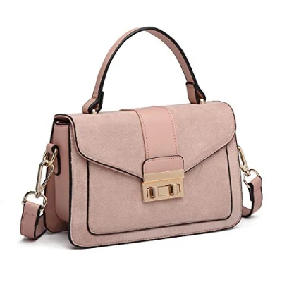 Image of Miss Lulu Ladies Shoulder Bag Medium Top handle with Faux Leather and Suede Vintage Flap Handbag/Crossbody Oval Metal Decoration Elegant Exquisite