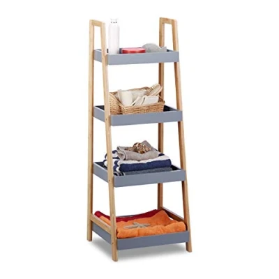 Image of Relaxdays Bamboo Bathroom Shelf, 4 Tiers, Wooden Freestanding Kitchen Storage Rack, HWD 98x36x34.5 cm, Grey