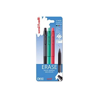 Image of Uni Ball URN 181 07 On Point Erasable Ballpoint Sky Black, Green and Red Gel Pens. Premium 0.7mm Rollerball Tip for Smooth Handwriting. Easy Retract Eraser Secure Stable Rubbing Out. Pack of 3