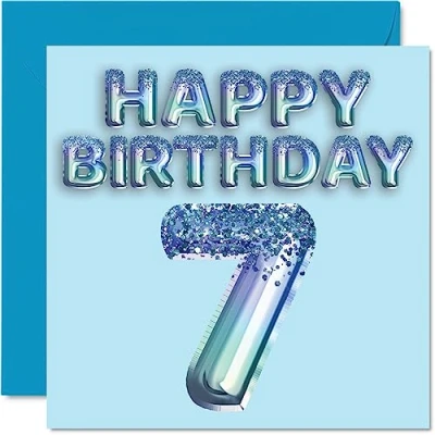 Image of 7th Birthday Card for Boys Blue Glitter Party Balloon Happy Cards 7 Year Old Boy Grandson Son Brother Nephew, 145mm x Seven Seventh Bday Greeting Gift