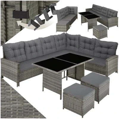 Image of TecTake Rattan Garden Furniture Set 8 Seater Including an Outdoor Sofa, 2 Stools, Table, Cushions, Assembly Clamps and Instructions grey/beige