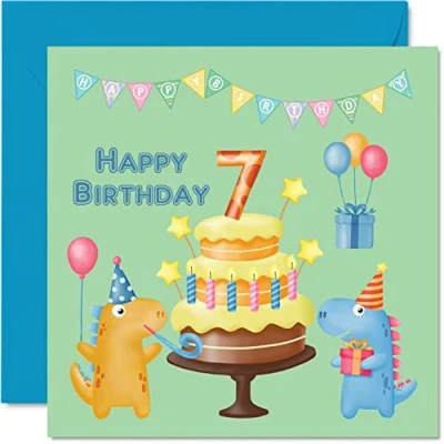 Image of 7th Birthday Card Boy Dinosaur Party Happy 7 Year Old Boy, Boys Cards for Him, 145mm x Greeting Son Nephew Grandson Kid Children