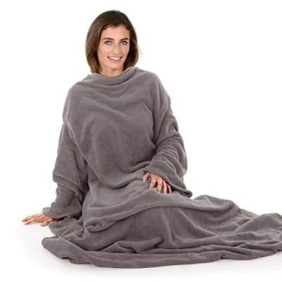 Image of Autumn Faith Wrap Around Blanket With Sleeves Cosy Soft Plush Fleece Dark Grey