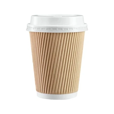 Image of We Can Source It Ltd 1000 x Kraft 12oz Ripple Cups + White Lids 3 Ply Insulated Paper Disposable Hot Coffee Tea Drinking