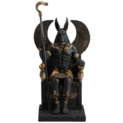Image of Veronese Design 10 5/8 Inch Egyptian God Anubis Sitting On Throne Resin Black Gold Painted Finish Sculpture