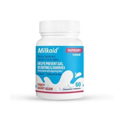 Image of Milkaid Lactase Enzyme Chewable tablets for Lactose Intolerance Relief Prevents Gas, Bloating &amp; Diarrhoea Fast Acting Dairy Digestive Supplement Gluten Free Vegan 60