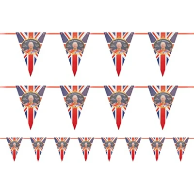 Image of British Coronation Bunting 20ft Card Union Jack Flag with King Charles III Triangular United Kingdom King&#039;s Street Party Decoration