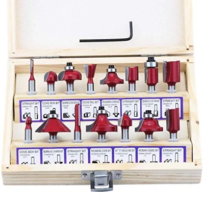 Image of Fippy 1/4 Inch Shank Router Bit Set, 15PCS 6.35mm Tungsten Carbide Tipped with Wooden Box, Perfect for Woodworking, Edging, Trimming, Grooving
