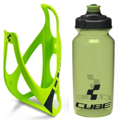 Image of Cube HPP Cage Neon Green/Black &amp; Icon Bottle Green, 500ml / Pair Kit Set Hydration Hydrate Drinking Drink Water Bidon Vessel Flask Holder Mount Bracket Bicycle Cycling Cycle Bike Accessories