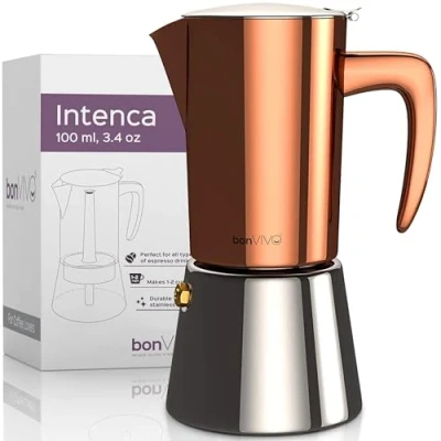 Image of bonVIVO Moka Pot 2 Cup Intenca Stainless Steel Espresso Maker w/Copper Finish Stove Top Italian Coffee 100ml Gifts for Men and Women
