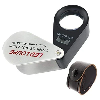 Image of 30x Magnification Jewelers Eye Loupe Triplet Lens Magnifier Foldable Magnifying with UV Light for Gems, Jewelry, Coins, Stamps, etc (30x + &amp; White LED Light)