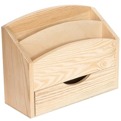 Image of Creative Deco Wooden Desk Organiser Letter Rack 25 x 10 20.5cm 2 Compartments with Drawer Unpainted Wood Box Tray for Letters Paper Work Plain Office Accessories &amp; Storage