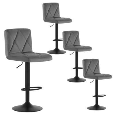 Image of Lestarain 4 Sets Bar Stools Breakfast Dining with Chrome Footrest and Base Swivel Gas Lift Elegant Flannel + Black Matte Simple Stool,Dark Grey