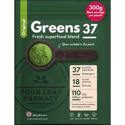 Image of Greens Powder Made in UK with 37 superfoods 300g High Dosage servings Vegan Gluten free daily vitamins, probiotics for gut health KSM 66® Ashwagandha and Lions Mane