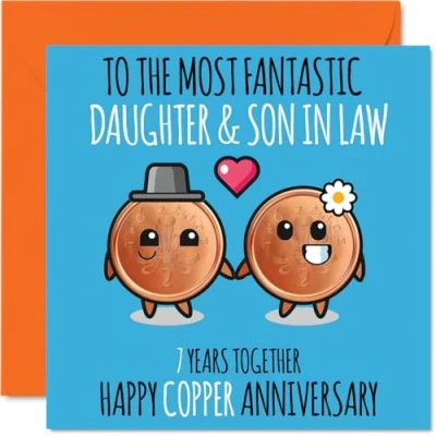 Image of Cute Copper Anniversary Card for Daughter &amp; Son In Law 7 Years Together Happy 7th Wedding Cards Daughter, 145mm x Greeting Seventh Anniversaries