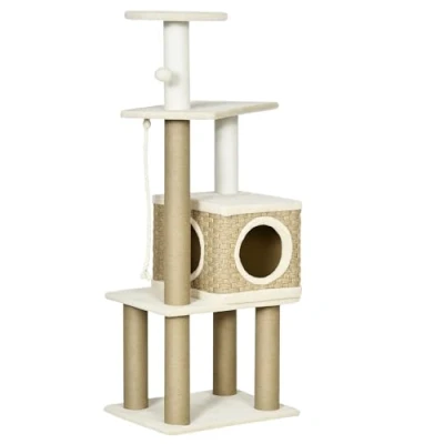 Image of PawHut Cat Tree Climbing Kitten Tower Activity Centre for Indoor Cats w/Jute Scratching Post, House, Stand, Hanging Toy Ball Beige