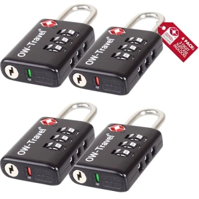 Image of TSA Approved Luggage Locks Suitcase with Indicator Open Alert (4 Pack) OW Travel 3 Digit Security Padlock Combination Padlocks Code Lock for Zipper Bag Case Backpack Gym Locker (Black)
