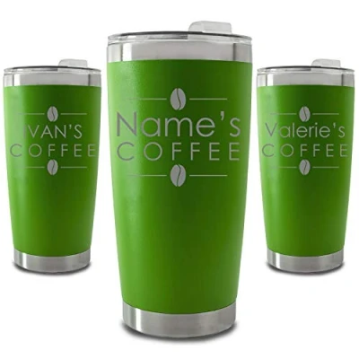 Image of Personalised Engraved 500ml Green Travel Cup with Name&#039;s Coffee Design, Personalise Any Name