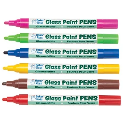 Image of Baker Ross AT488 Glass Paint Pens Pack of 6, Broad Tipped, Oil Based Acrylic Markers for Kids Arts and Crafts Painting Activities, Bright