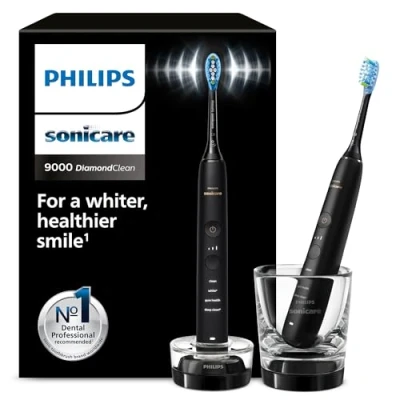 Image of Philips Sonicare DiamondClean 9000 Electric Toothbrush, Sonic Toothbrush with App, Pressure Sensor, 4 Brushing Modes, 3 Intensity Levels, Charging Glass, Black, Dual Pack, Model HX9914/54