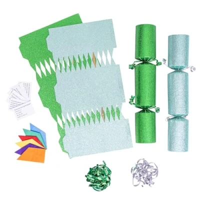 Image of evelay 12 Make Your Own Christmas Cracker Kit DIY Light Green &amp; Glitter Crackers Hats Snaps Jokes (Light Green, Green)