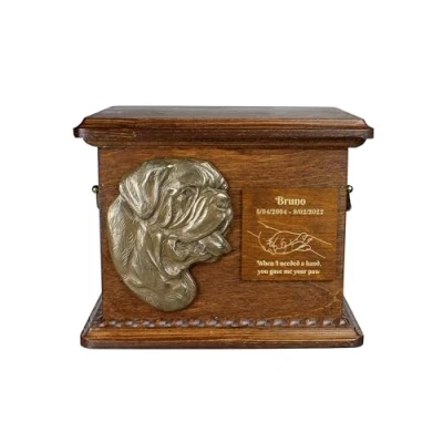 Image of Art Dog Urn for Ashes Handmade Memorial with Relief, Personalized Engraving, and Cold Cast Bronze Bust Custom Pet 8.3x11.4x8.7 Dogue De Bordeaux