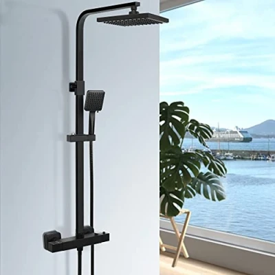 Image of Ronvie Thermostatic Shower Mixer Set, Thermostat Rail System with Adjustable Rainfall Head, Scalding Protection Tap, Anti Kink Hose(Square, Matte Black)